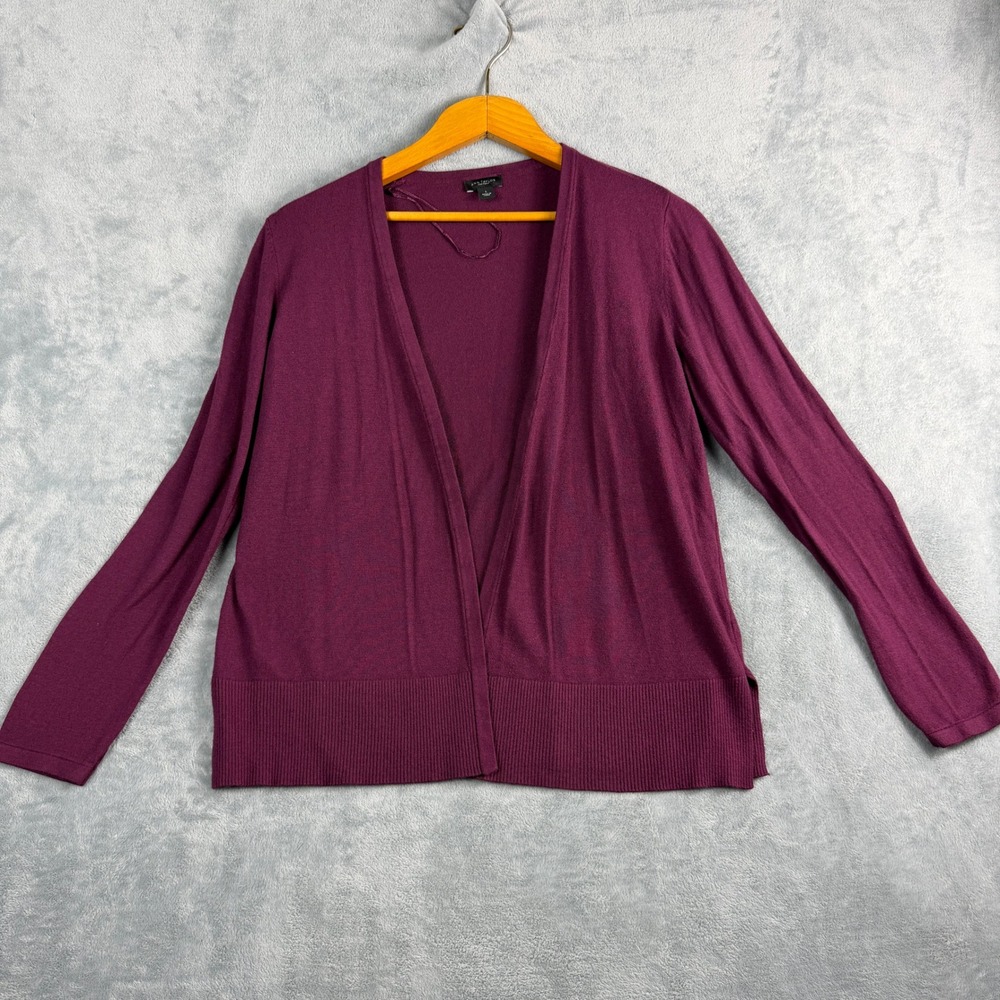 Ann Taylor Factory Womens L Purple Cardigan Open Front Rayon Knit Office Siren